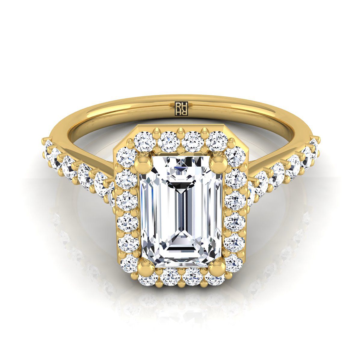 European Cut, Shared Prong Halo Emerald, in 18K Yellow Gold, pave setting | RockHer