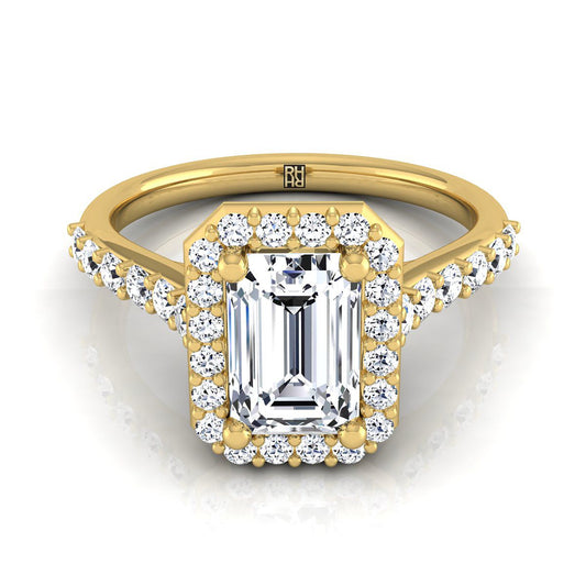 European Cut, Shared Prong Halo Emerald, in 18K Yellow Gold, pave setting | RockHer