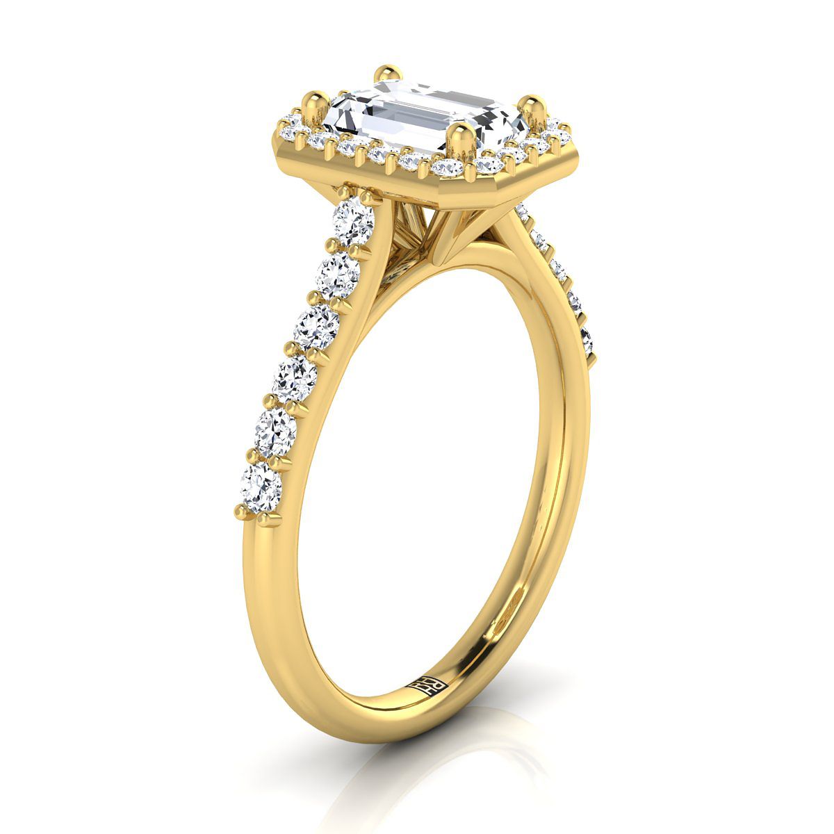 European Cut, Shared Prong Halo Emerald, in 18K Yellow Gold, pave setting – side profile | RockHer