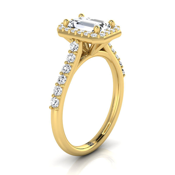 European Cut, Shared Prong Halo Emerald, in 18K Yellow Gold, pave setting – side profile | RockHer