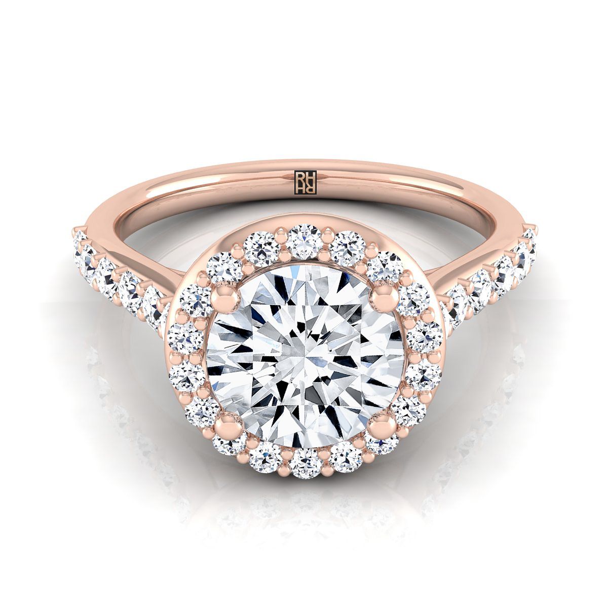 Round Brilliant, Shared Prong Halo Round, in 14K Rose Gold, pave setting | RockHer