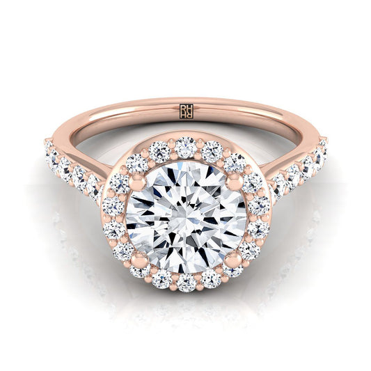 Round Brilliant, Shared Prong Halo Round, in 14K Rose Gold, pave setting | RockHer