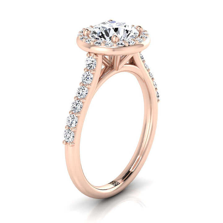 Round Brilliant, Shared Prong Halo Round, in 14K Rose Gold, pave setting – side profile | RockHer