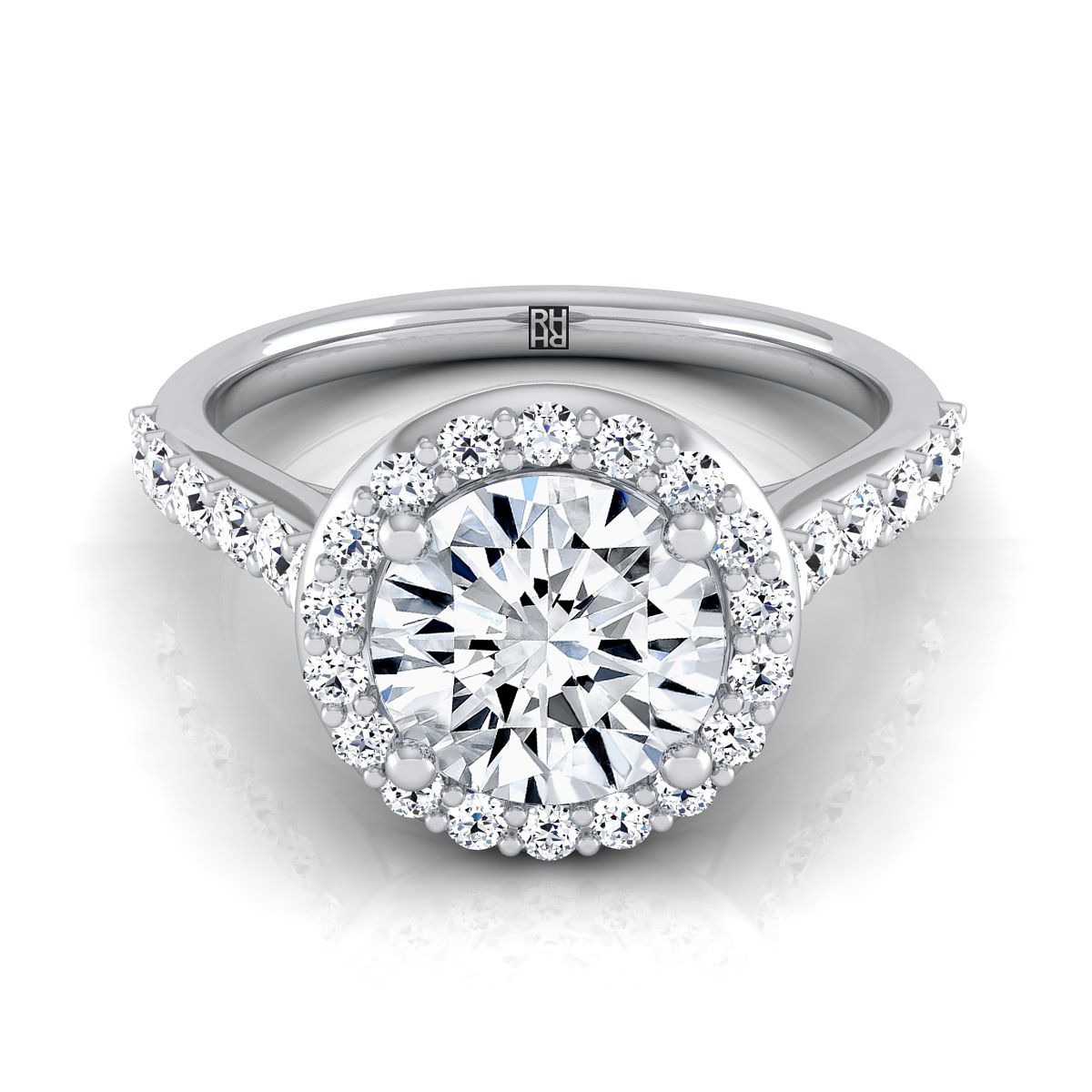 Round Brilliant, Shared Prong Halo Round, in 18K White Gold, pave setting | RockHer