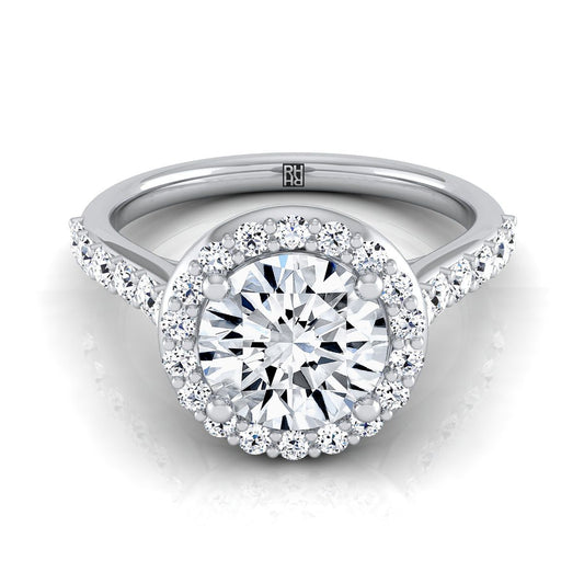 Round Brilliant, Shared Prong Halo Round, in 18K White Gold, pave setting | RockHer