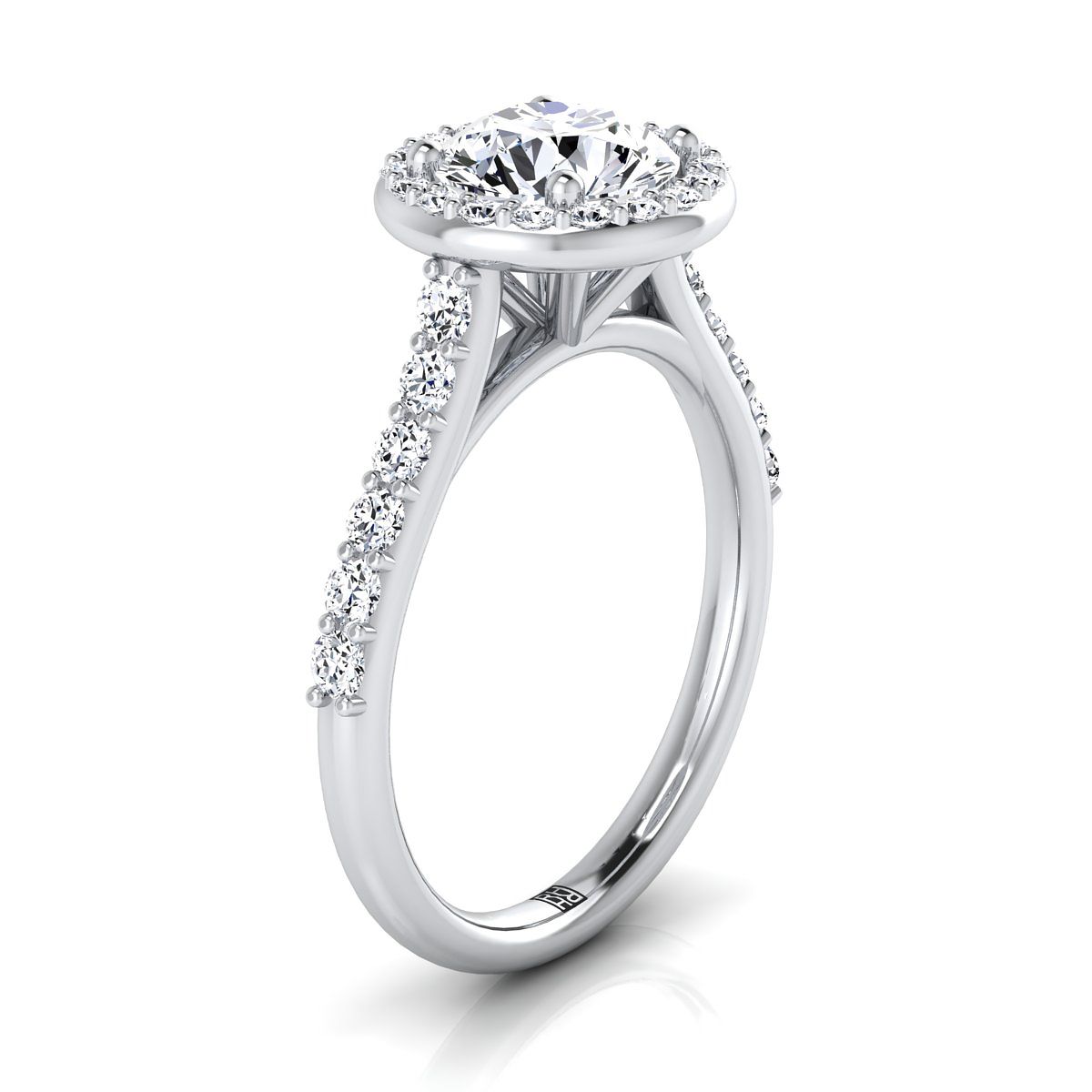 Round Brilliant, Shared Prong Halo Round, in 18K White Gold, pave setting – side profile | RockHer