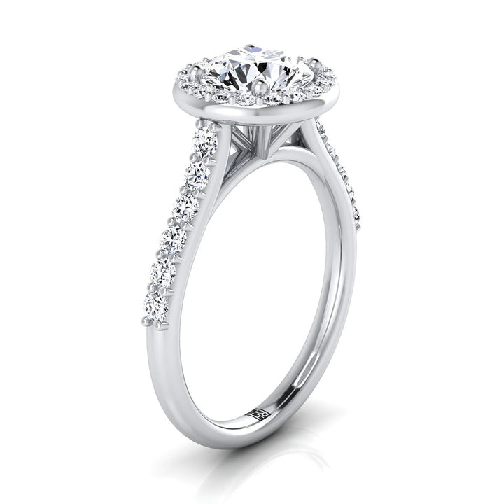 Round Brilliant, Shared Prong Halo Round, in Platinum, pave setting – side profile | RockHer