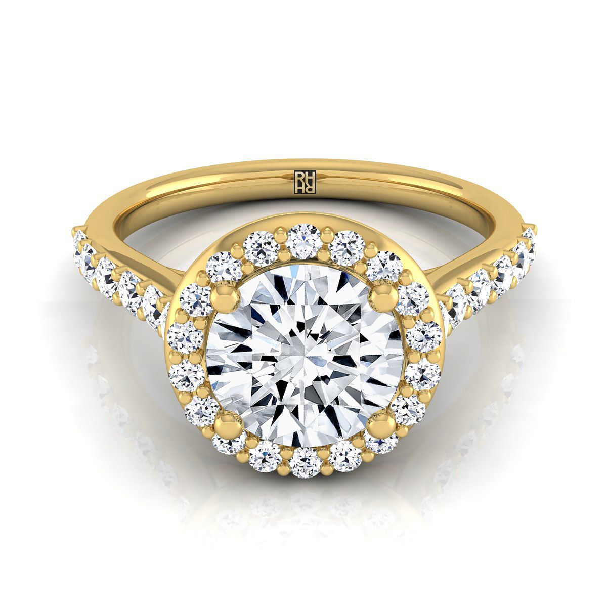 Round Brilliant, Shared Prong Halo Round, in 18K Yellow Gold, pave setting – view 8 | RockHer