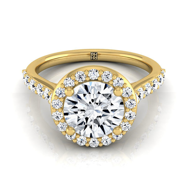 Round Brilliant, Shared Prong Halo Round, in 18K Yellow Gold, pave setting – view 8 | RockHer