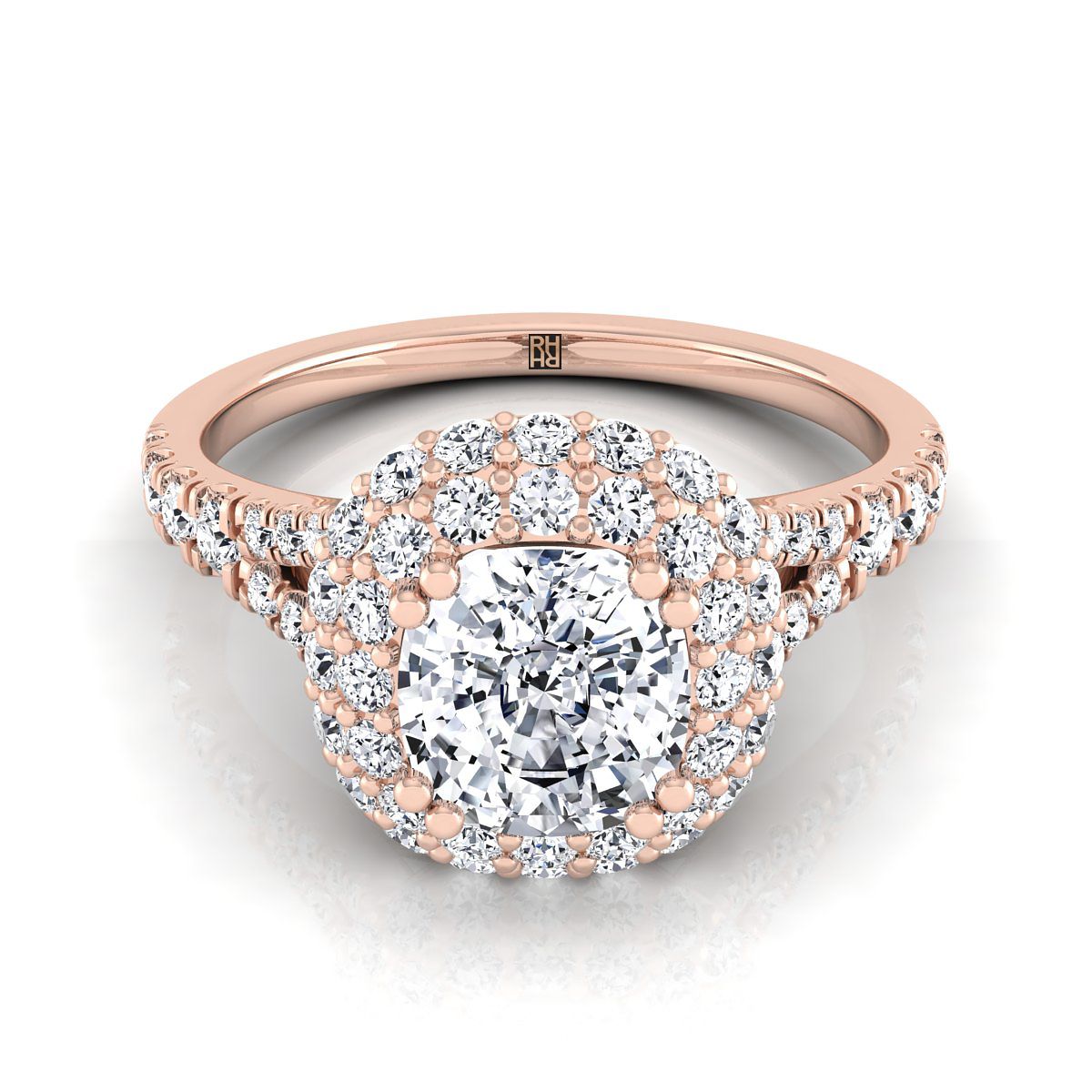 Double Halo Split Shank Cushion, in 14K Rose Gold, prong setting | RockHer