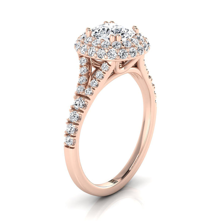 Double Halo Split Shank Cushion, in 14K Rose Gold, prong setting – side profile | RockHer
