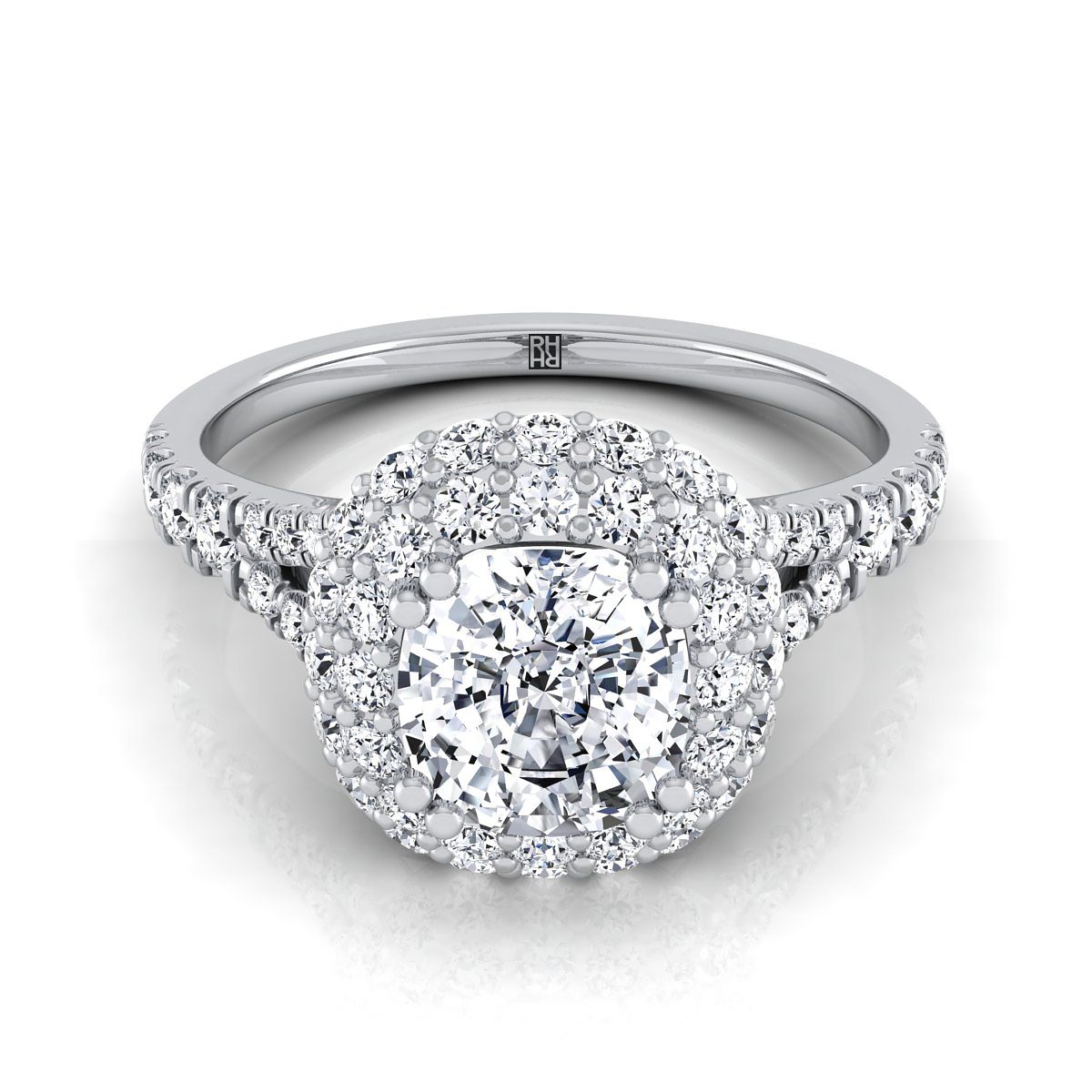 Double Halo Split Shank Cushion, in Platinum, prong setting | RockHer