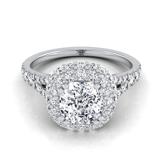 Double Halo Split Shank Cushion, in Platinum, prong setting | RockHer