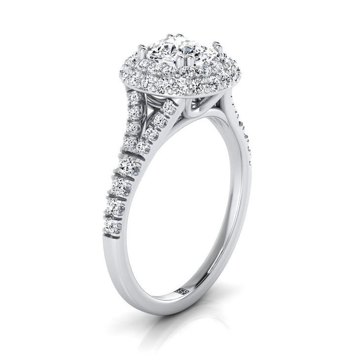 Double Halo Split Shank Cushion, in Platinum, prong setting – side profile | RockHer
