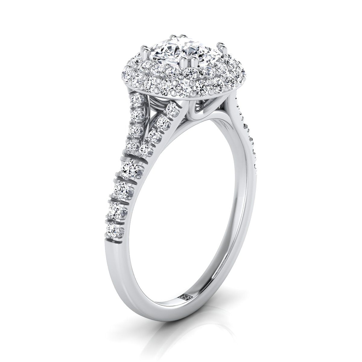 Double Halo Split Shank Cushion, in 18K White Gold, prong setting – side profile | RockHer