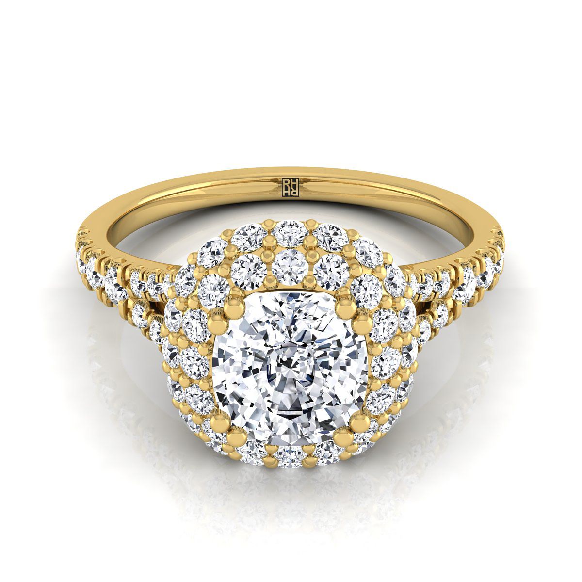 Double Halo Split Shank Cushion, in 18K Yellow Gold, prong setting | RockHer