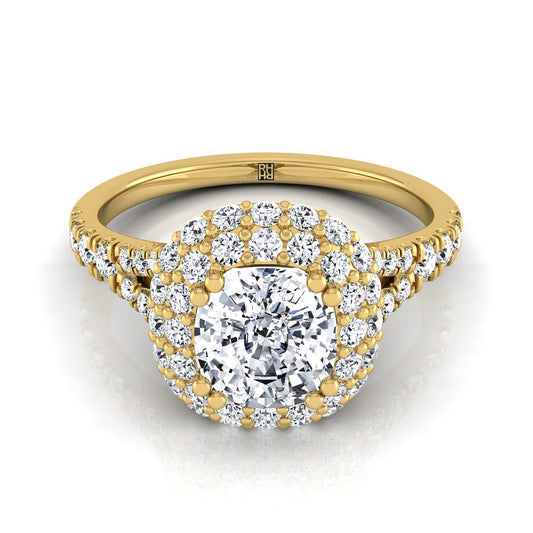 Double Halo Split Shank Cushion, in 18K Yellow Gold, prong setting | RockHer