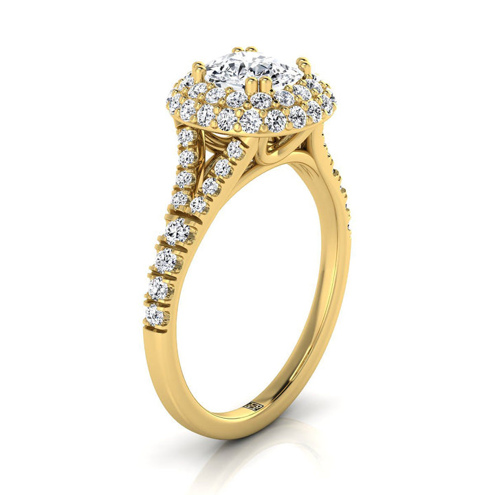 Double Halo Split Shank Cushion, in 18K Yellow Gold, prong setting – side profile | RockHer