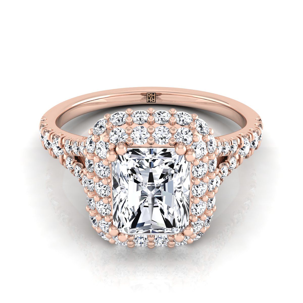 Double Halo Split Shank Radiant, in 14K Rose Gold, prong setting – view 8 | RockHer