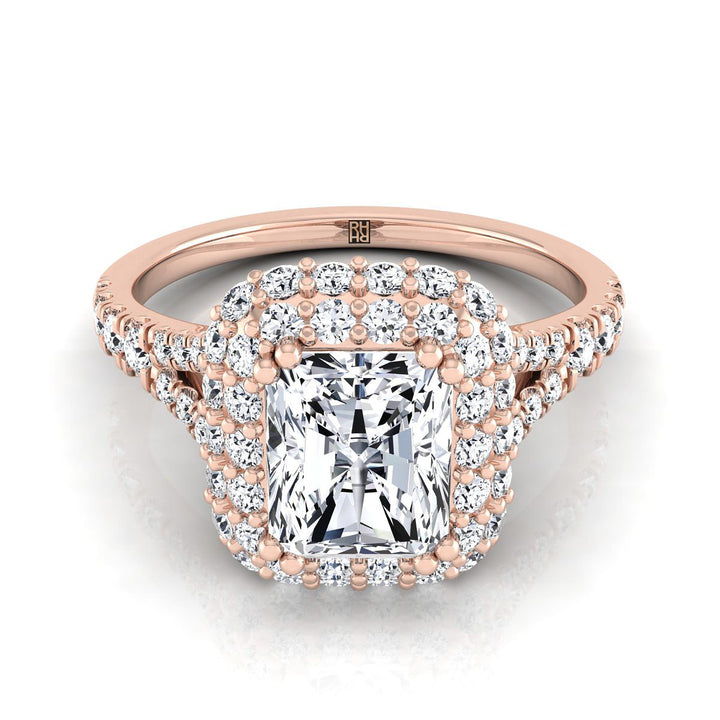 Double Halo Split Shank Radiant, in 14K Rose Gold, prong setting – view 8 | RockHer