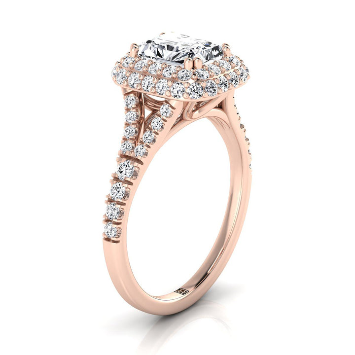 Double Halo Split Shank Radiant, in 14K Rose Gold, prong setting – view 9 | RockHer