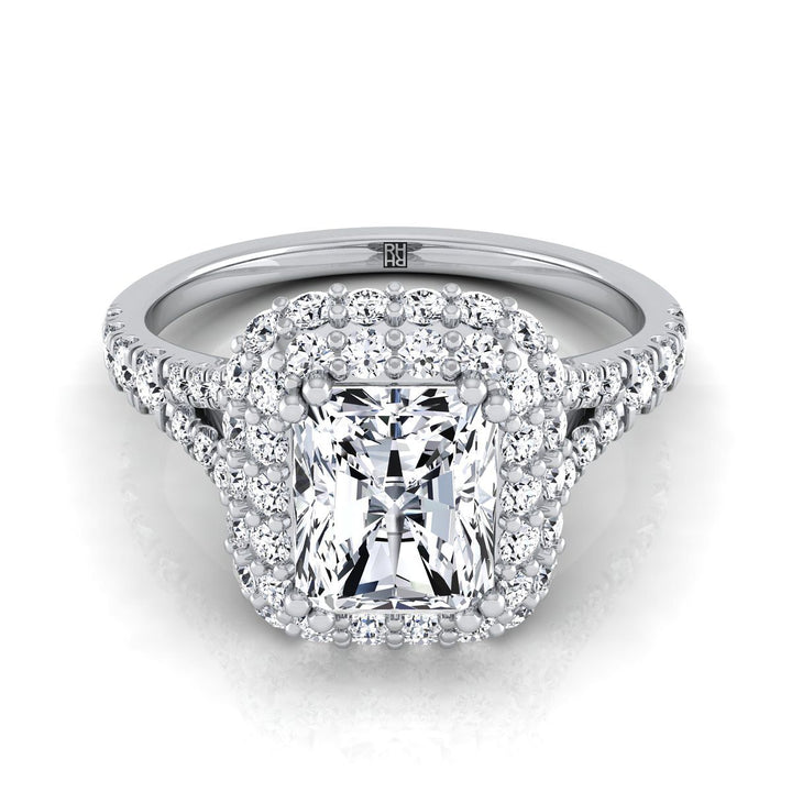 Double Halo Split Shank Radiant, in Platinum, prong setting – view 8 | RockHer