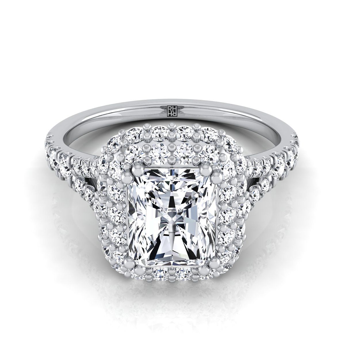 Double Halo Split Shank Radiant, in 18K White Gold, prong setting – view 8 | RockHer