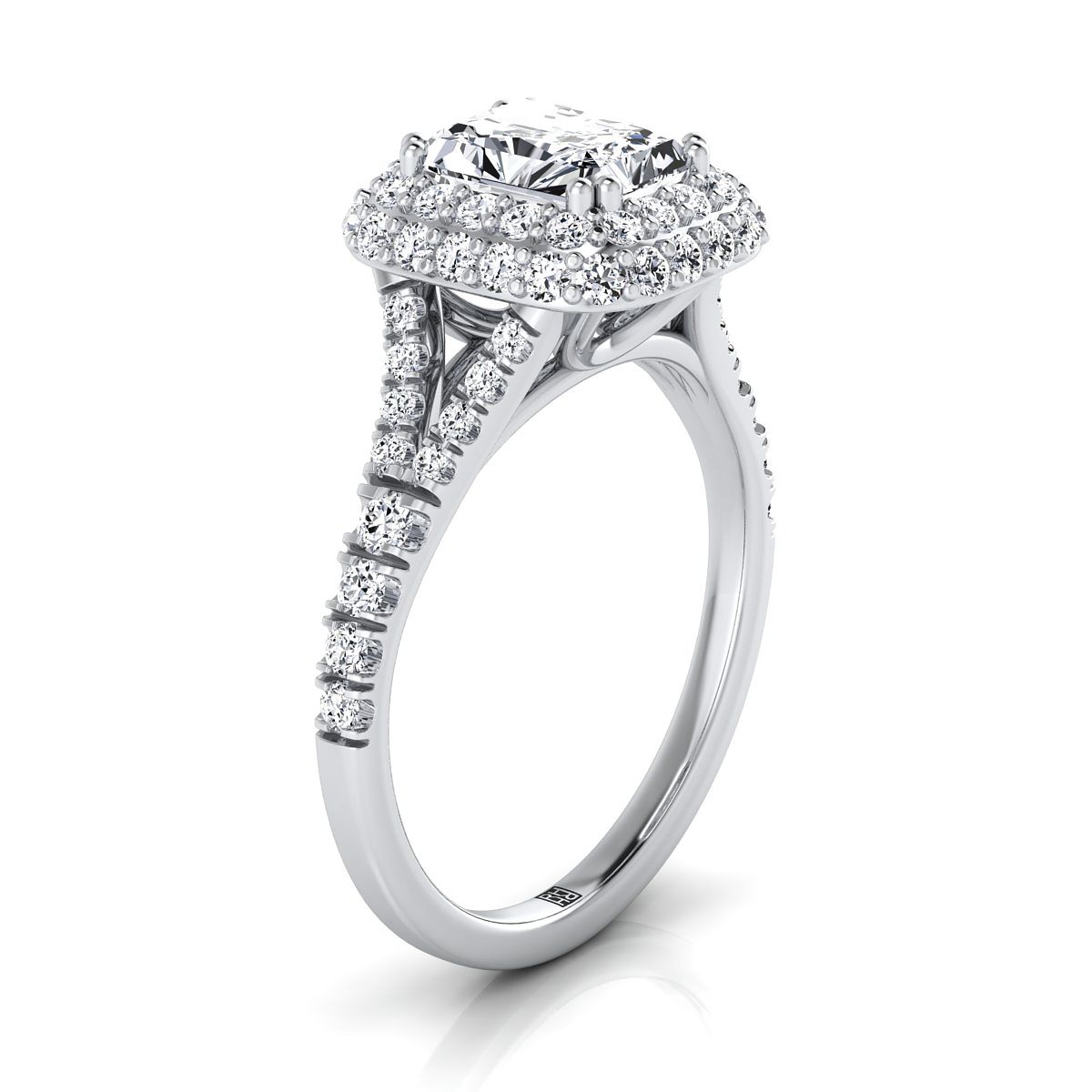 Double Halo Split Shank Radiant, in 18K White Gold, prong setting – view 9 | RockHer