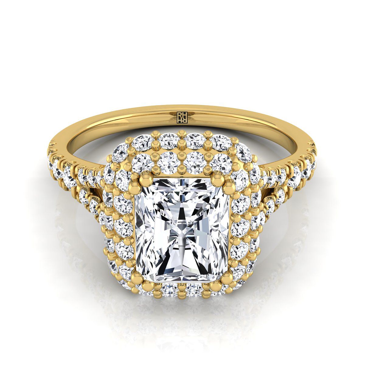 Double Halo Split Shank Radiant, in 18K Yellow Gold, prong setting – view 8 | RockHer