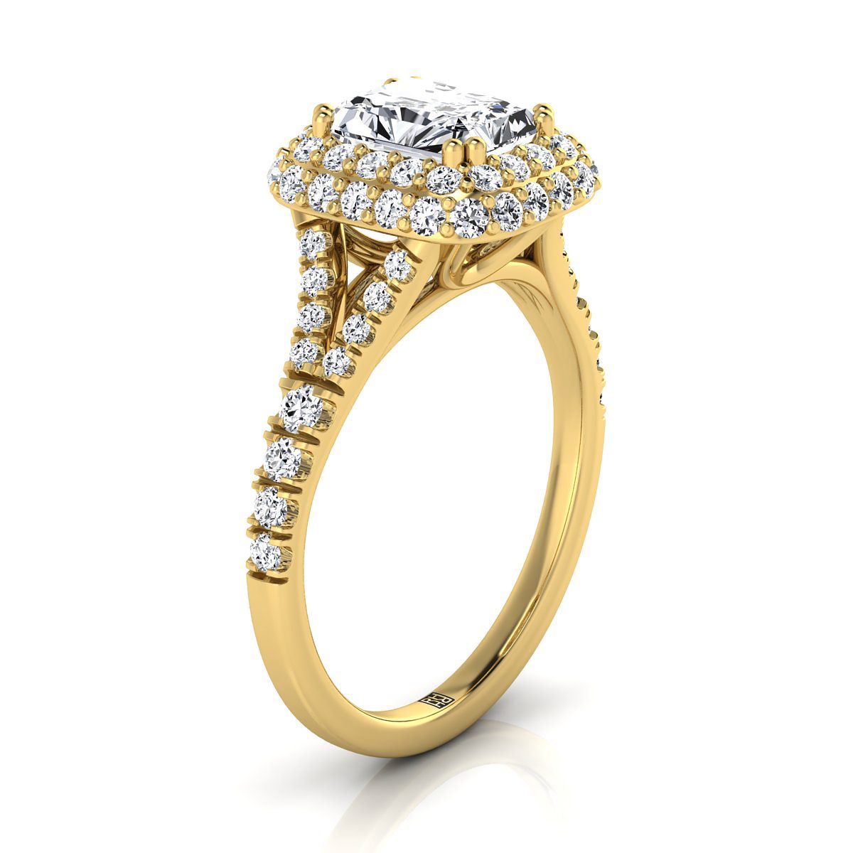 Double Halo Split Shank Radiant, in 18K Yellow Gold, prong setting – view 9 | RockHer
