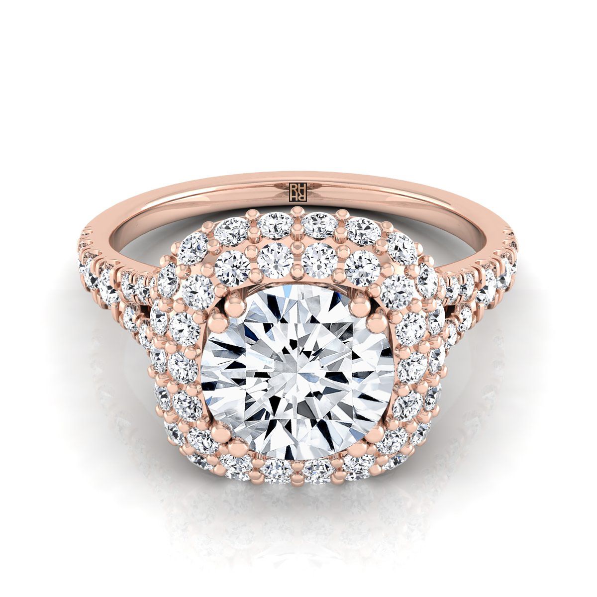 Round Brilliant, Double Halo Split Shank, in 14K Rose Gold, prong setting | RockHer