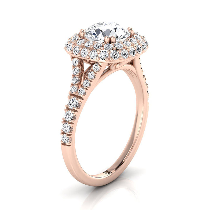 Round Brilliant, Double Halo Split Shank, in 14K Rose Gold, prong setting – side profile | RockHer