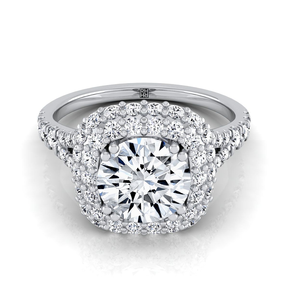 Round Brilliant, Double Halo Split Shank, in Platinum, prong setting | RockHer