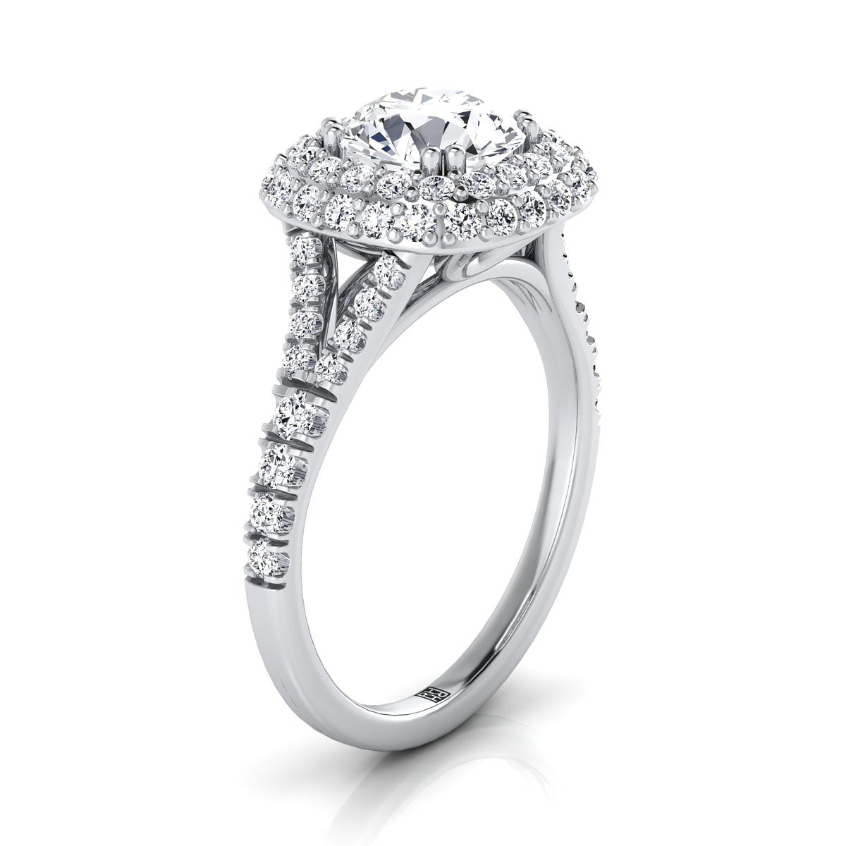 Round Brilliant, Double Halo Split Shank, in Platinum, prong setting – side profile | RockHer