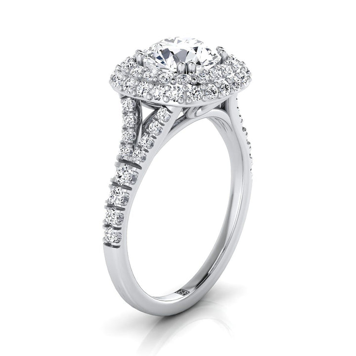 Round Brilliant, Double Halo Split Shank, in 18K White Gold, prong setting – side profile | RockHer