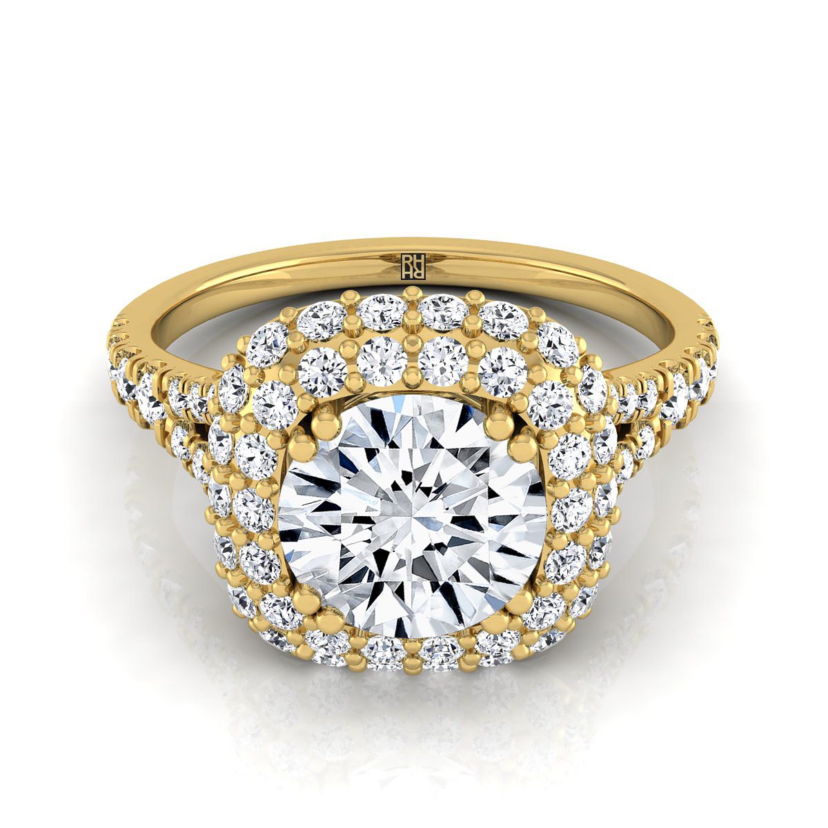 Round Brilliant, Double Halo Split Shank, in 18K Yellow Gold, prong setting | RockHer