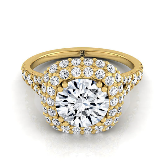 Round Brilliant, Double Halo Split Shank, in 18K Yellow Gold, prong setting | RockHer