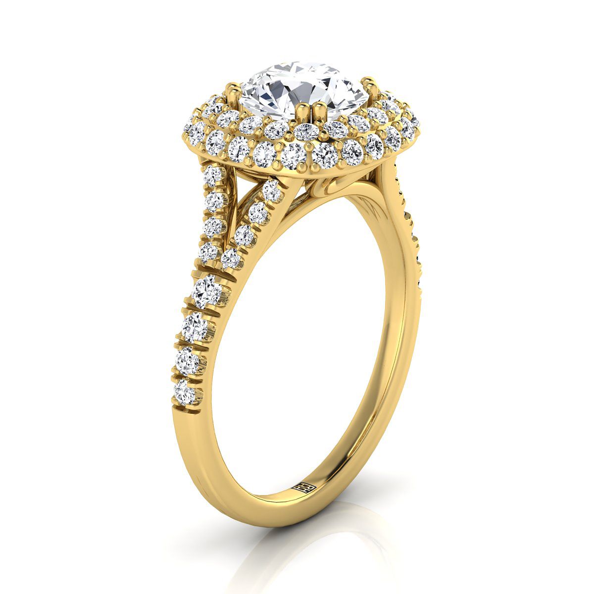 Round Brilliant, Double Halo Split Shank, in 18K Yellow Gold, prong setting – side profile | RockHer