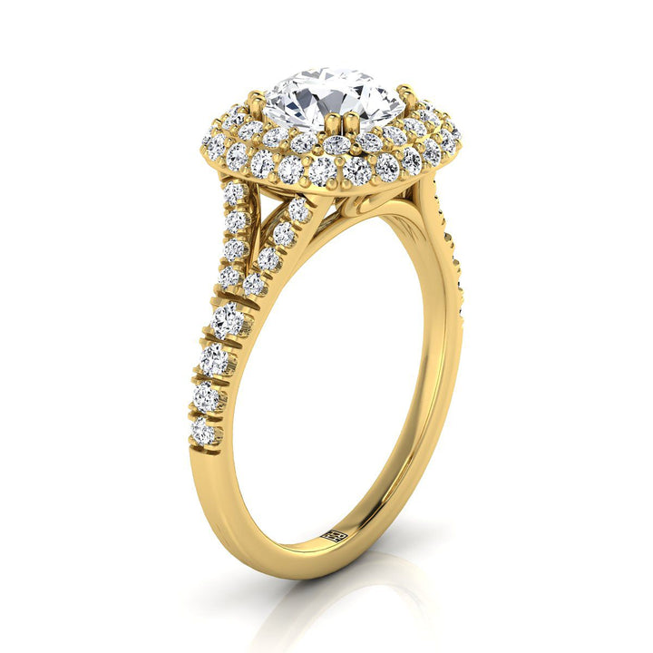 Round Brilliant, Double Halo Split Shank, in 18K Yellow Gold, prong setting – side profile | RockHer