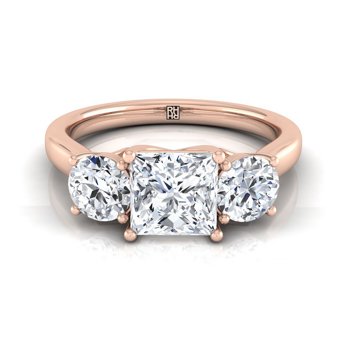 Classic Three Stone Princess, in 14K Rose Gold, pave setting | RockHer