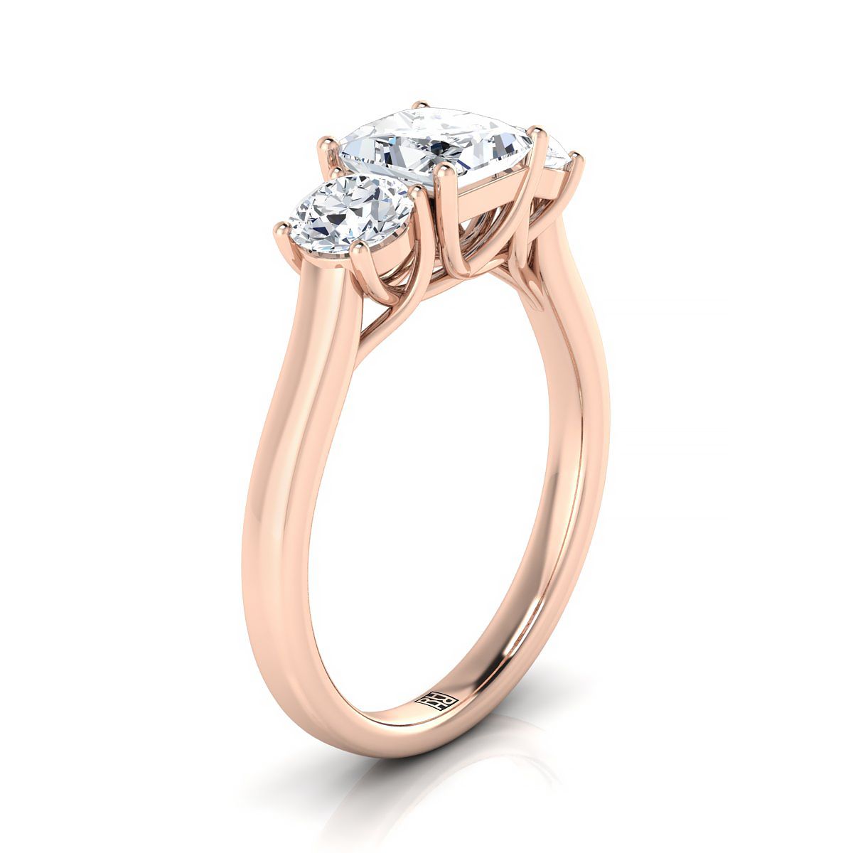 Classic Three Stone Princess, in 14K Rose Gold, pave setting – side profile | RockHer