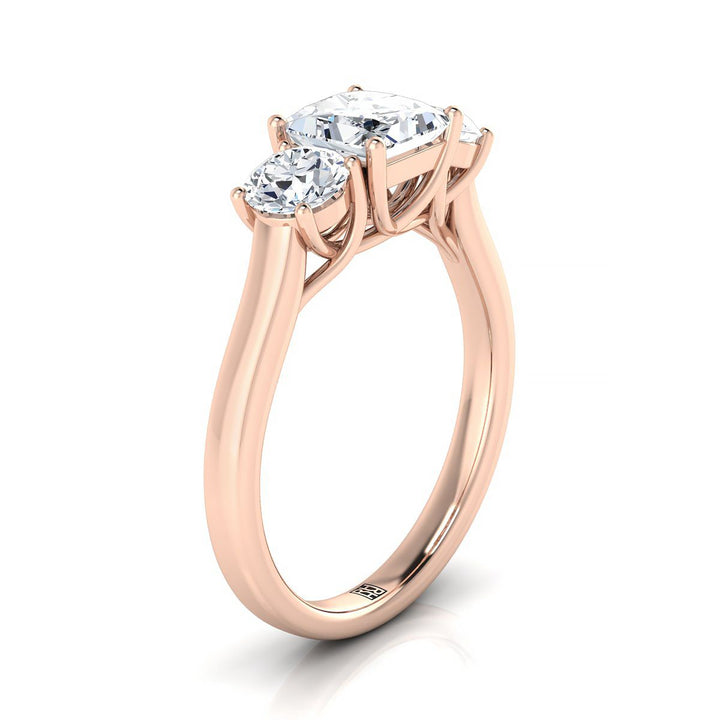 Classic Three Stone Princess, in 14K Rose Gold, pave setting – side profile | RockHer
