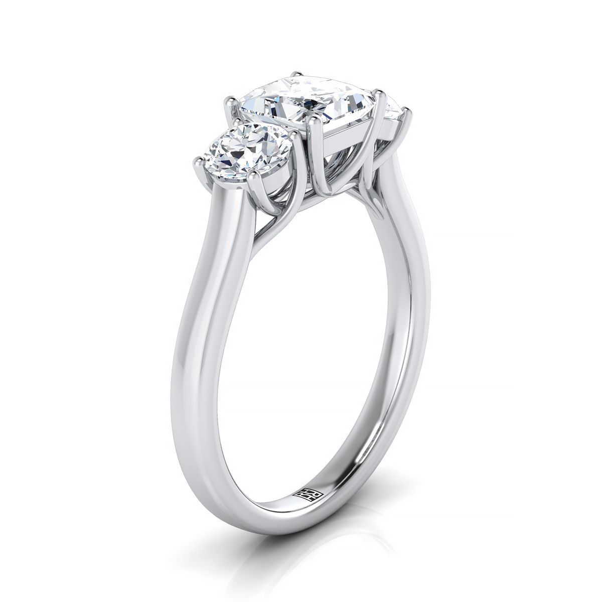 Classic Three Stone Princess, in Platinum, pave setting – side profile | RockHer