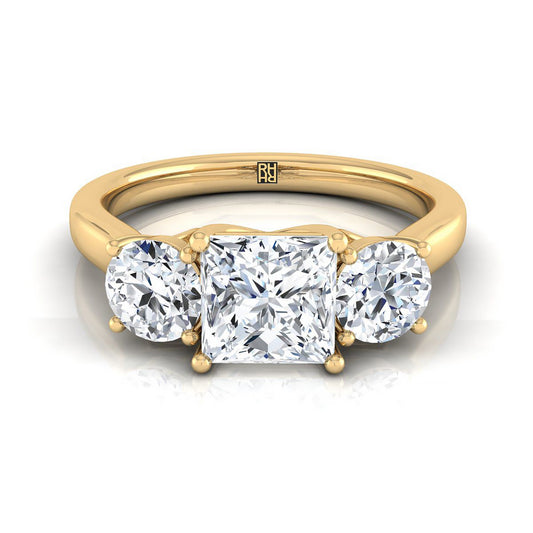 Classic Three Stone Princess, in 18K Yellow Gold, pave setting | RockHer