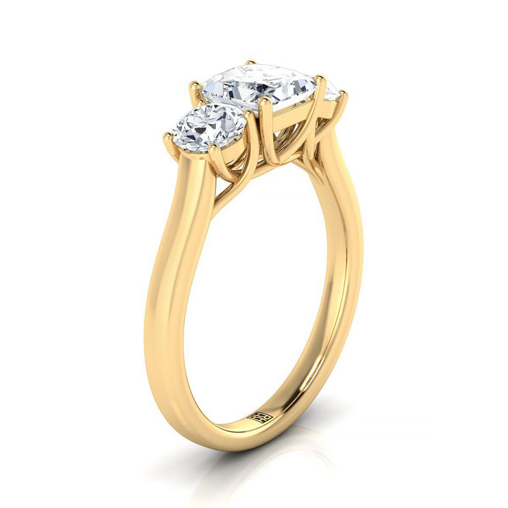 Classic Three Stone Princess, in 18K Yellow Gold, pave setting – side profile | RockHer