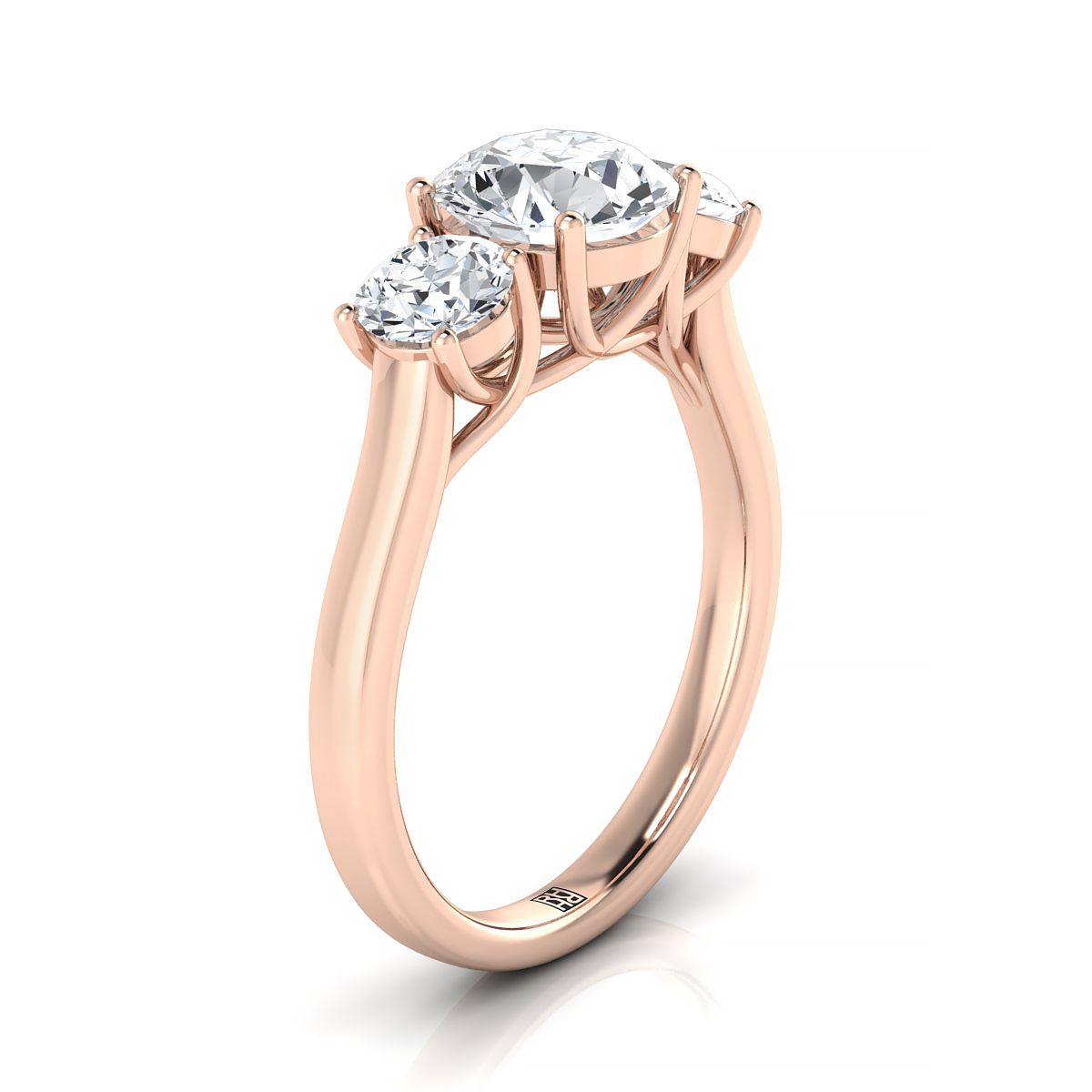 Round Brilliant, Classic Three Stone Round, in 14K Rose Gold – side profile | RockHer