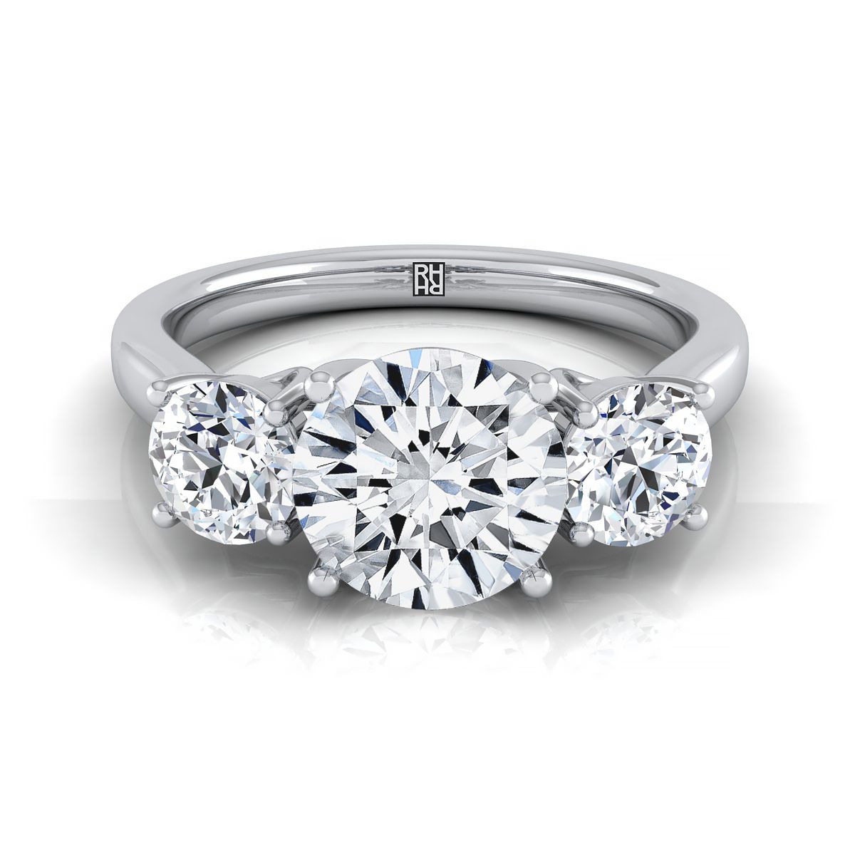 Round Brilliant, Classic Three Stone Round, in 18K White Gold, pave setting – view 8 | RockHer