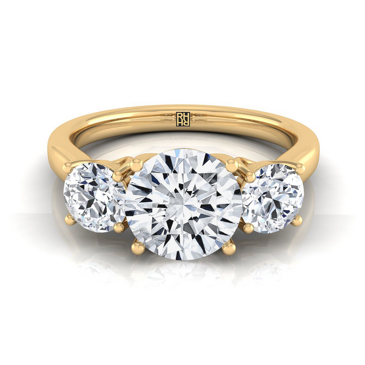 Round Brilliant, Classic Three Stone Round, in 18K Yellow Gold, prong setting | RockHer
