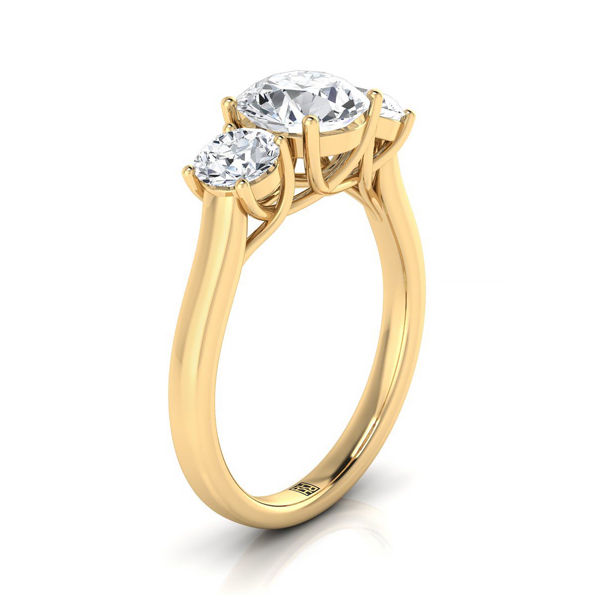 Round Brilliant, Classic Three Stone Round, in 18K Yellow Gold, prong setting – side profile | RockHer