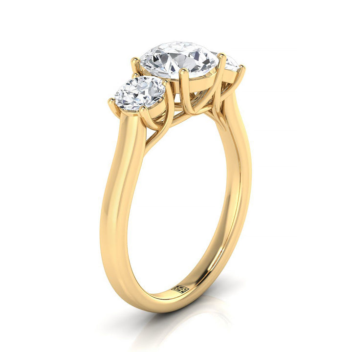 Round Brilliant, Classic Three Stone Round, in 18K Yellow Gold, prong setting – side profile | RockHer